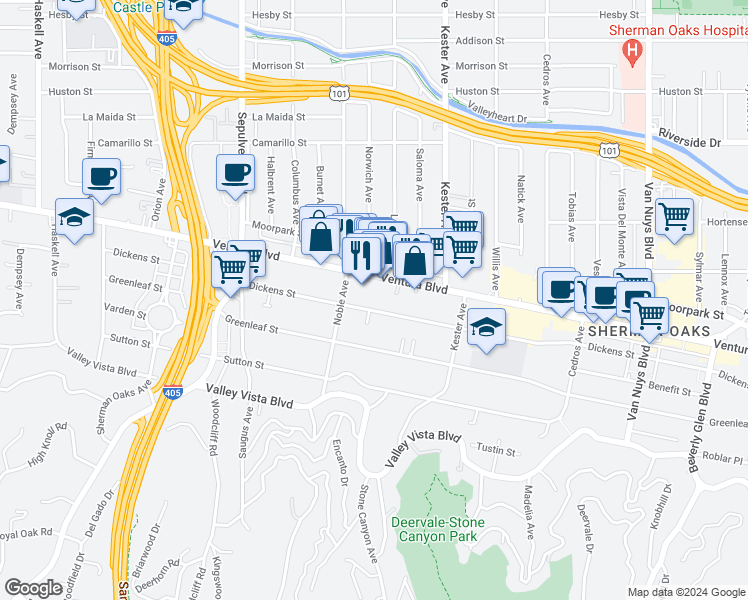 map of restaurants, bars, coffee shops, grocery stores, and more near 15039 Dickens Street in Los Angeles