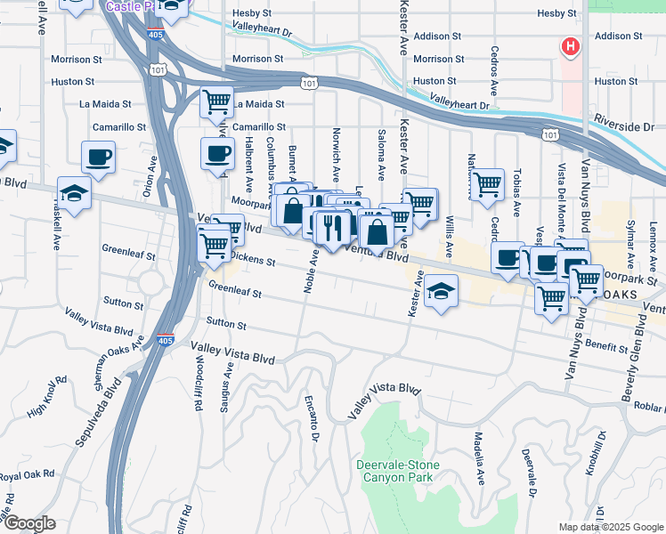 map of restaurants, bars, coffee shops, grocery stores, and more near 15039 Dickens Street in Los Angeles