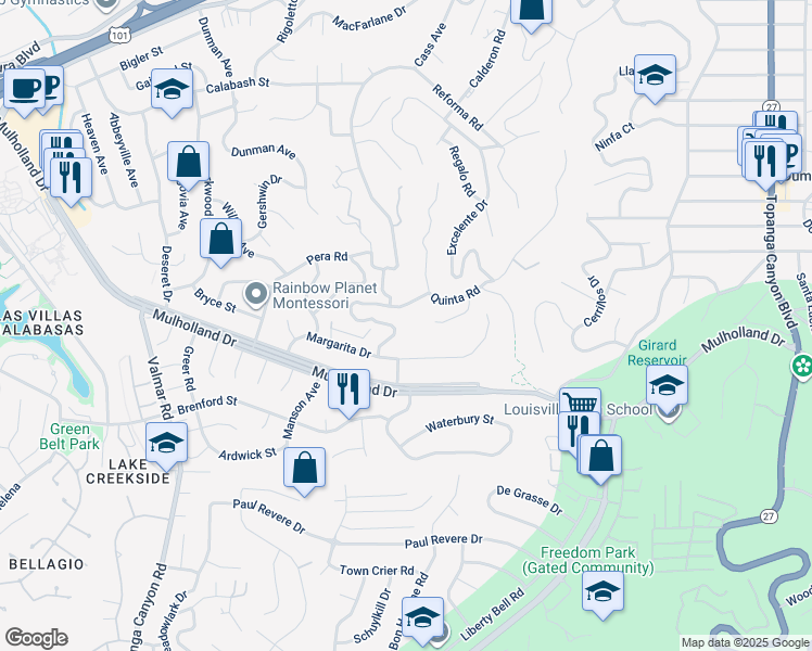 map of restaurants, bars, coffee shops, grocery stores, and more near 22580 Uhea Road in Los Angeles