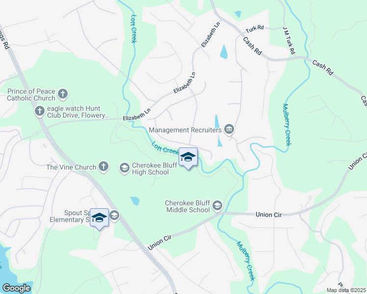 map of restaurants, bars, coffee shops, grocery stores, and more near 5550 Chestnut Creek Lane in Flowery Branch