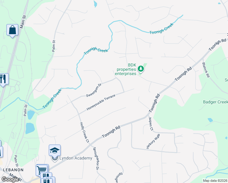 map of restaurants, bars, coffee shops, grocery stores, and more near 327 Honeysuckle Terrace in Woodstock