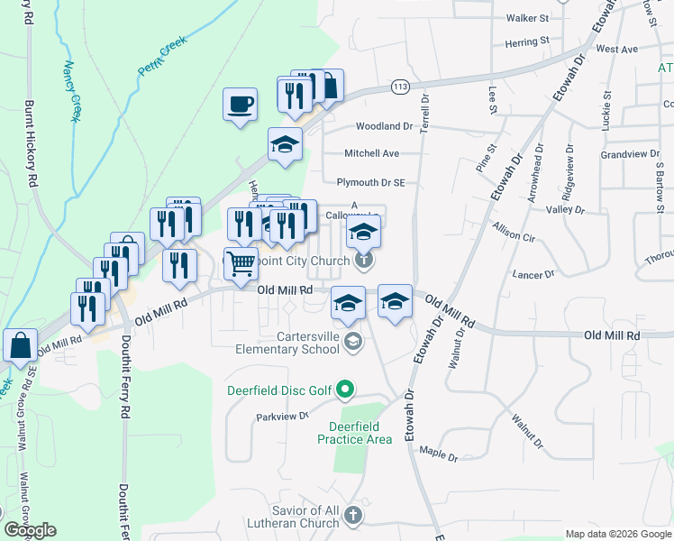 map of restaurants, bars, coffee shops, grocery stores, and more near 11 Greenway Lane in Cartersville
