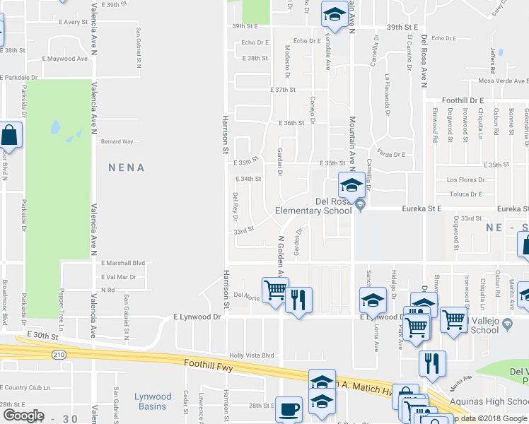 map of restaurants, bars, coffee shops, grocery stores, and more near 3301 North Golden Avenue in San Bernardino