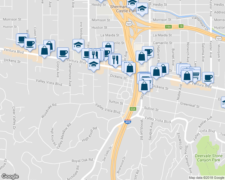 map of restaurants, bars, coffee shops, grocery stores, and more near 15457 Varden Street in Los Angeles