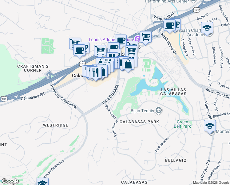 map of restaurants, bars, coffee shops, grocery stores, and more near 4720 Park Granada in Calabasas