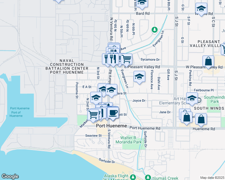 map of restaurants, bars, coffee shops, grocery stores, and more near 425 North 5th Street in Port Hueneme