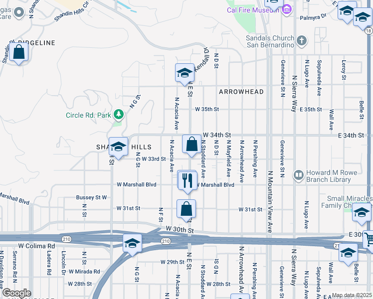 map of restaurants, bars, coffee shops, grocery stores, and more near 3340 North E Street in San Bernardino