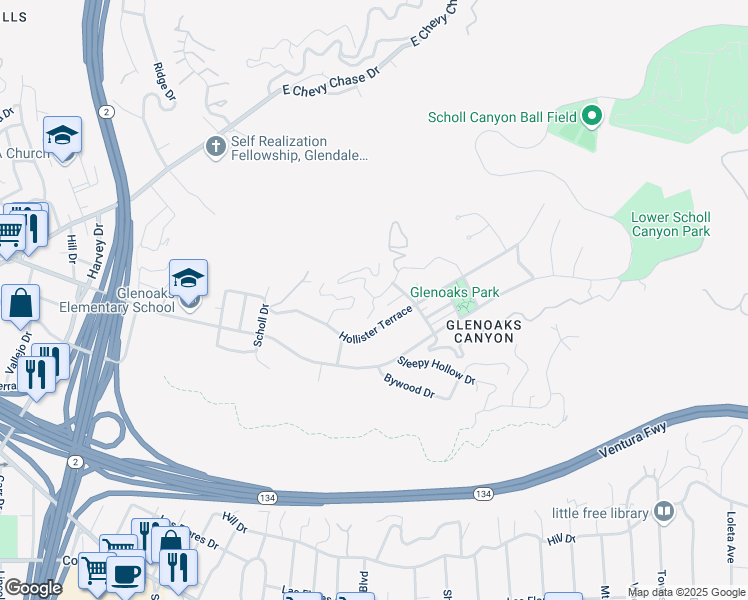 map of restaurants, bars, coffee shops, grocery stores, and more near 2356 Suncourt Terrace in Glendale