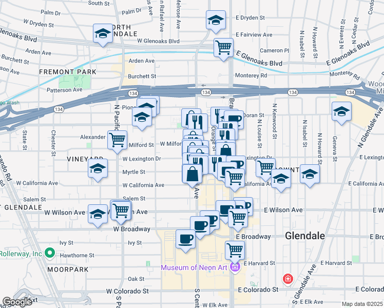 map of restaurants, bars, coffee shops, grocery stores, and more near 405 North Central Avenue in Glendale