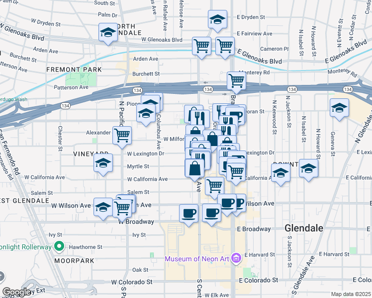 map of restaurants, bars, coffee shops, grocery stores, and more near 325 West Lexington Drive in Glendale