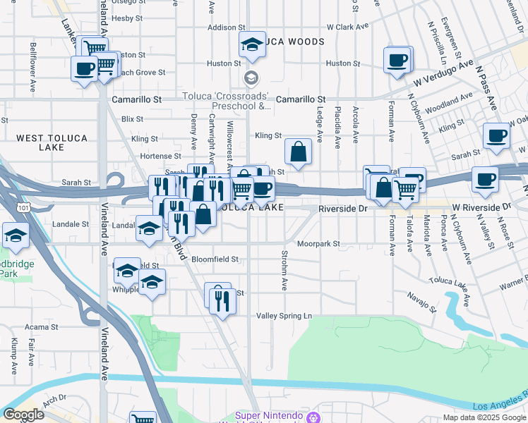 map of restaurants, bars, coffee shops, grocery stores, and more near 10550 Riverside Drive in Los Angeles