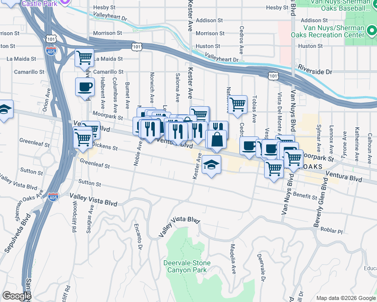 map of restaurants, bars, coffee shops, grocery stores, and more near 14900 Ventura Boulevard in Los Angeles