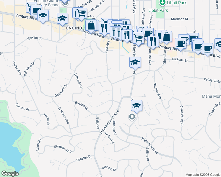 map of restaurants, bars, coffee shops, grocery stores, and more near 4439 Petit Avenue in Los Angeles