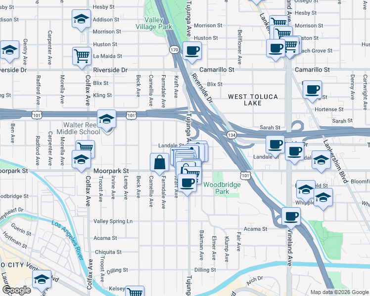 map of restaurants, bars, coffee shops, grocery stores, and more near 4461 Tujunga Avenue in Los Angeles