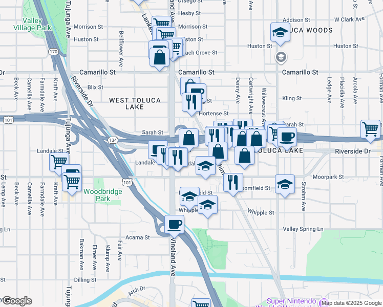 map of restaurants, bars, coffee shops, grocery stores, and more near 10866 Riverside Drive in Los Angeles