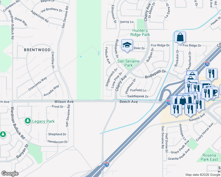 map of restaurants, bars, coffee shops, grocery stores, and more near 14552 Boots Lane in Fontana