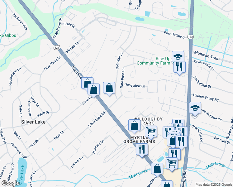 map of restaurants, bars, coffee shops, grocery stores, and more near 5019 Split Rail Drive in Wilmington