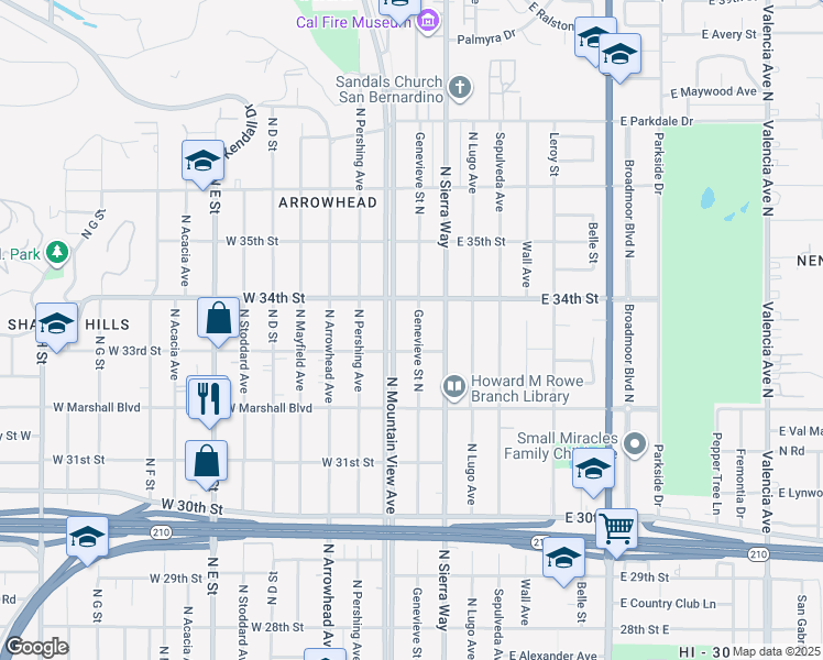 map of restaurants, bars, coffee shops, grocery stores, and more near 3344 Genevieve Street North in San Bernardino