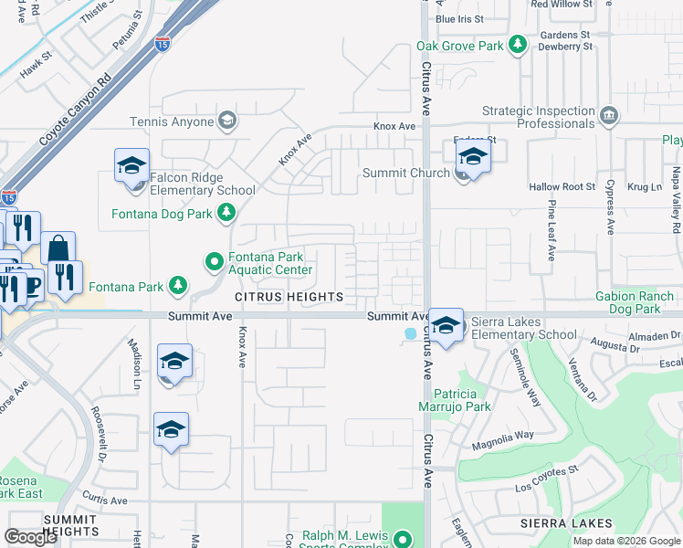 map of restaurants, bars, coffee shops, grocery stores, and more near 5611 Scharf Avenue in Fontana