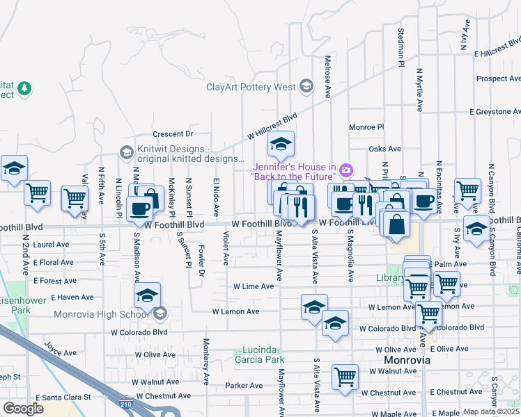 map of restaurants, bars, coffee shops, grocery stores, and more near 122 Highland Place in Monrovia