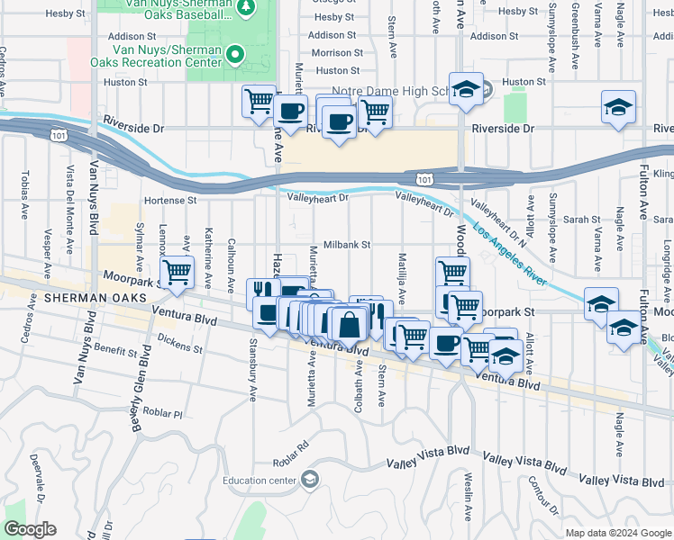 map of restaurants, bars, coffee shops, grocery stores, and more near 4455 Colbath Avenue in Los Angeles