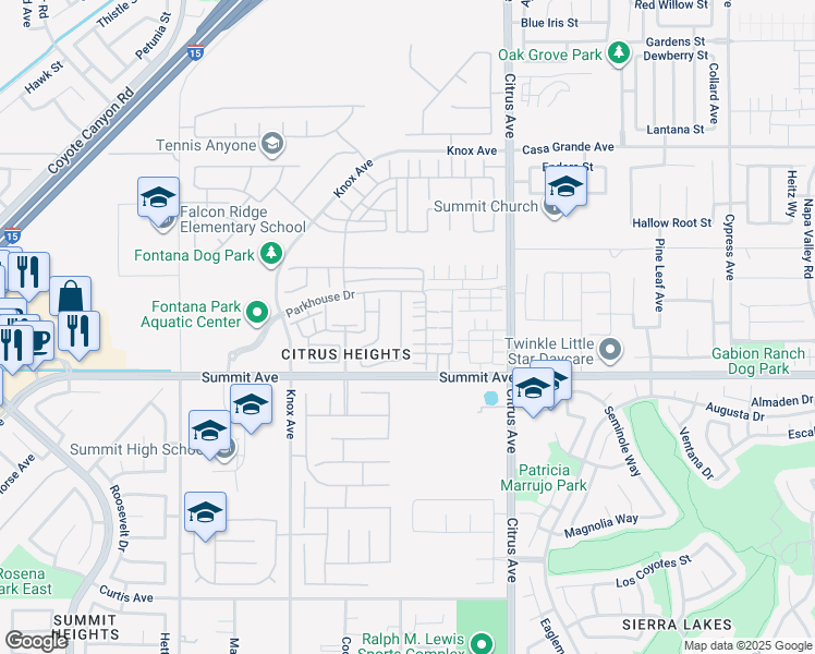 map of restaurants, bars, coffee shops, grocery stores, and more near 5611 Scharf Avenue in Fontana