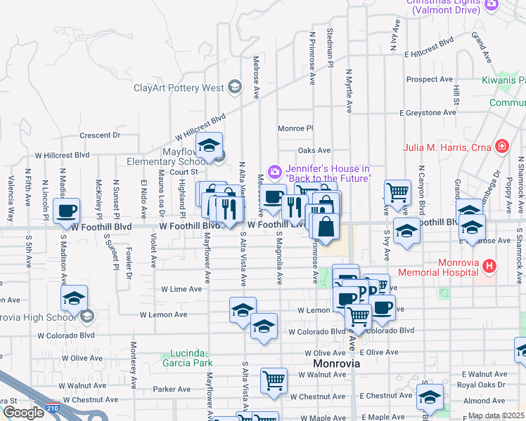 map of restaurants, bars, coffee shops, grocery stores, and more near 120 Melrose Avenue in Monrovia