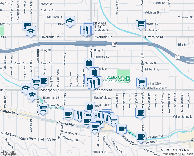 map of restaurants, bars, coffee shops, grocery stores, and more near 12841 Landale Street in Los Angeles