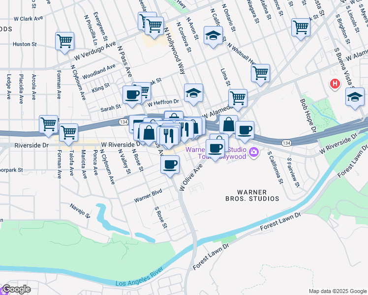map of restaurants, bars, coffee shops, grocery stores, and more near 3915 Riverside Drive in Burbank