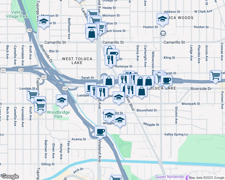 map of restaurants, bars, coffee shops, grocery stores, and more near 10866 Riverside Drive in Los Angeles