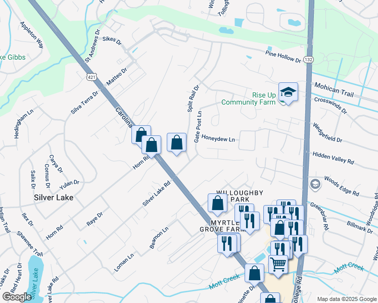 map of restaurants, bars, coffee shops, grocery stores, and more near 5019 Split Rail Drive in Wilmington