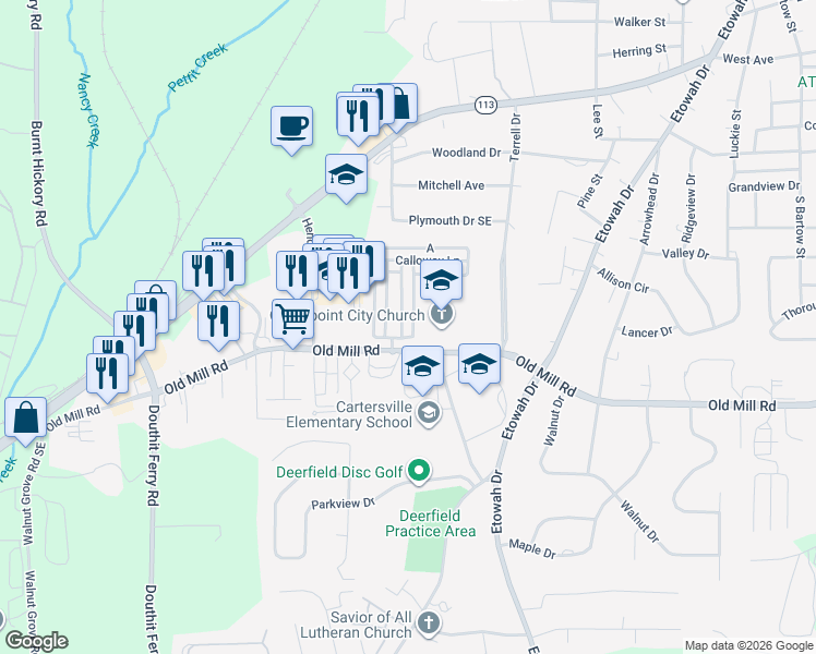 map of restaurants, bars, coffee shops, grocery stores, and more near 11 Greenway Lane in Cartersville