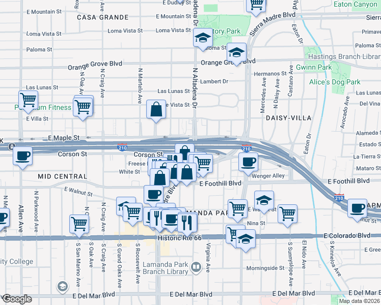 map of restaurants, bars, coffee shops, grocery stores, and more near 1982 Corson Street in Pasadena