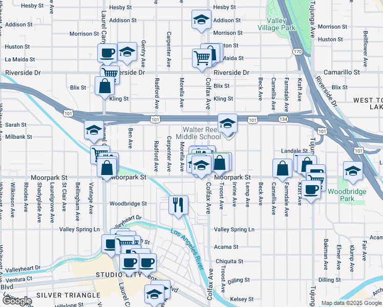 map of restaurants, bars, coffee shops, grocery stores, and more near 4457 Simpson Avenue in Los Angeles