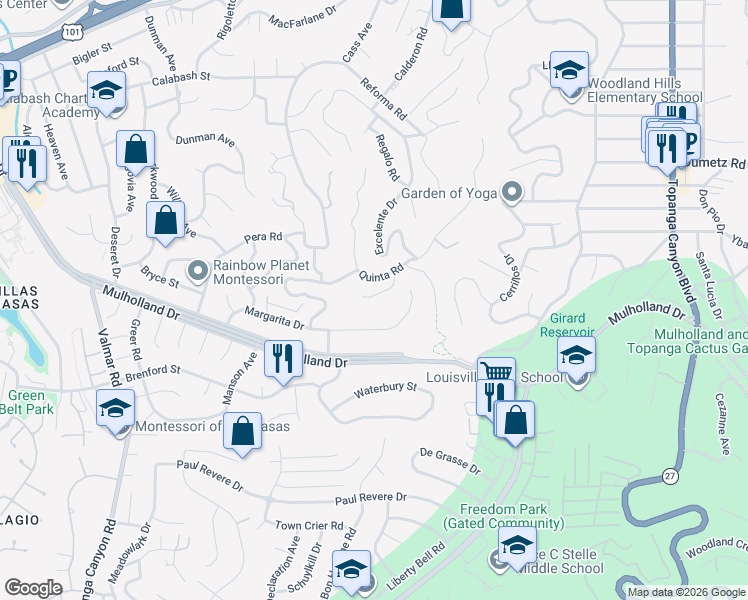 map of restaurants, bars, coffee shops, grocery stores, and more near 22552 Uhea Road in Los Angeles