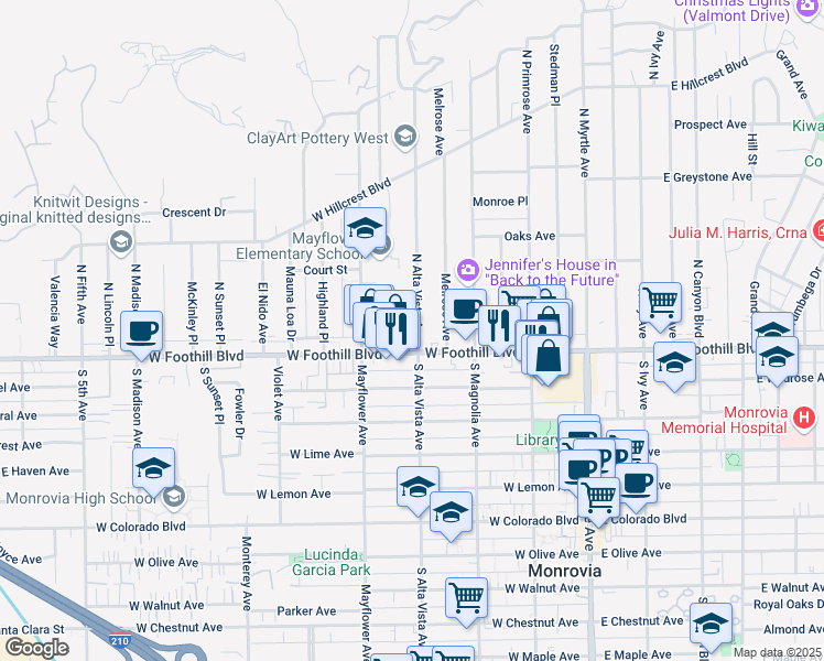 map of restaurants, bars, coffee shops, grocery stores, and more near 117 North Alta Vista Avenue in Monrovia
