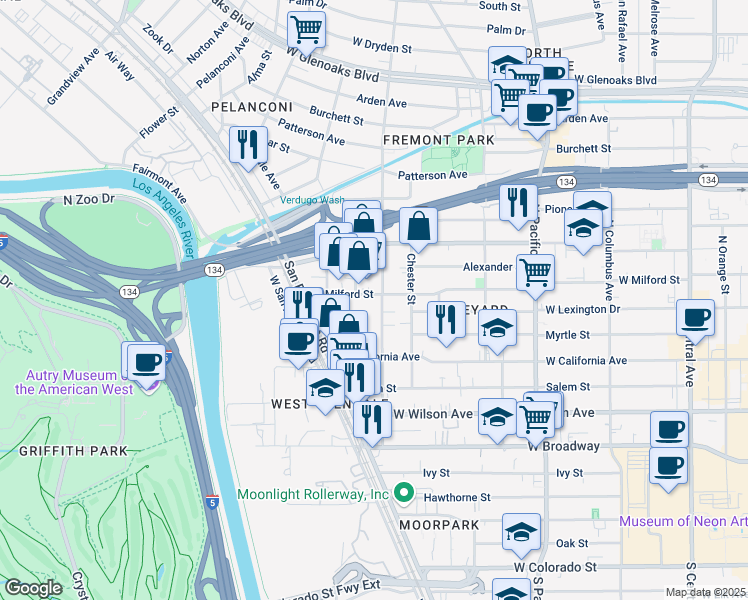 map of restaurants, bars, coffee shops, grocery stores, and more near 409 Concord Street in Glendale
