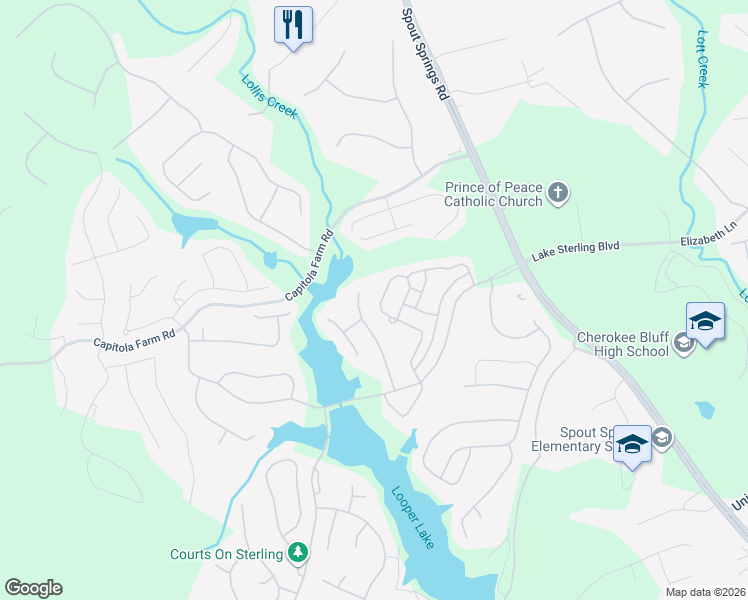 map of restaurants, bars, coffee shops, grocery stores, and more near 6848 Big Sky Drive in Flowery Branch