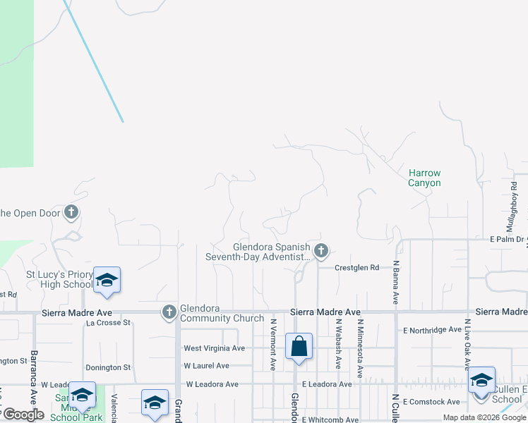 map of restaurants, bars, coffee shops, grocery stores, and more near 947 North Glendora Avenue in Glendora