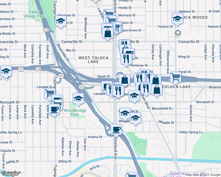 map of restaurants, bars, coffee shops, grocery stores, and more near 4460 Ensign Avenue in Los Angeles
