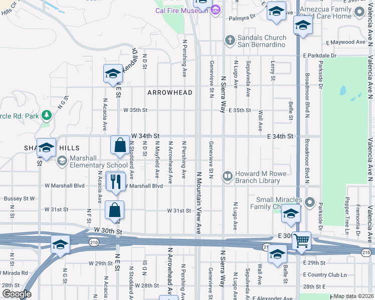 map of restaurants, bars, coffee shops, grocery stores, and more near 3343 North Pershing Avenue in San Bernardino