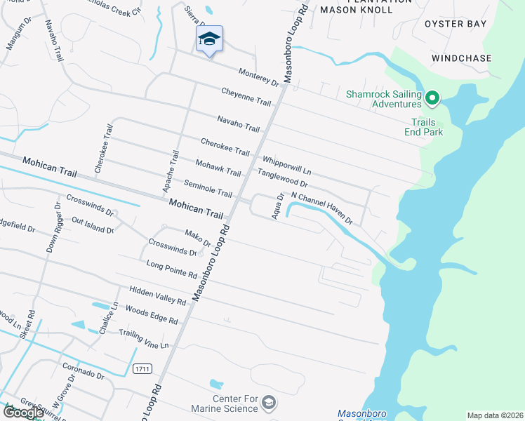 map of restaurants, bars, coffee shops, grocery stores, and more near 115 Channel Haven Dr S in Wilmington