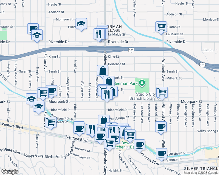 map of restaurants, bars, coffee shops, grocery stores, and more near 12849 Landale Street in Los Angeles