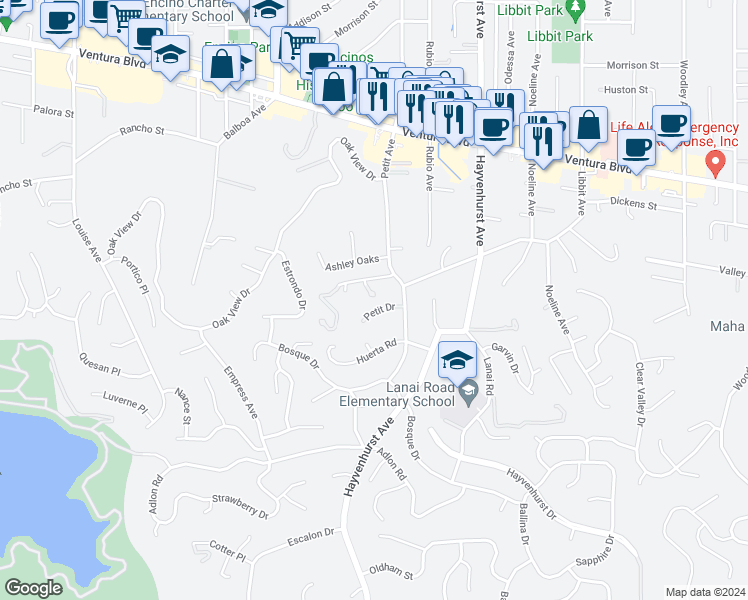 map of restaurants, bars, coffee shops, grocery stores, and more near 16640 Chaplin Avenue in Los Angeles