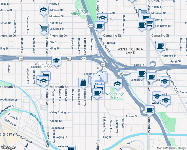 map of restaurants, bars, coffee shops, grocery stores, and more near 4458 Kraft Avenue in Los Angeles