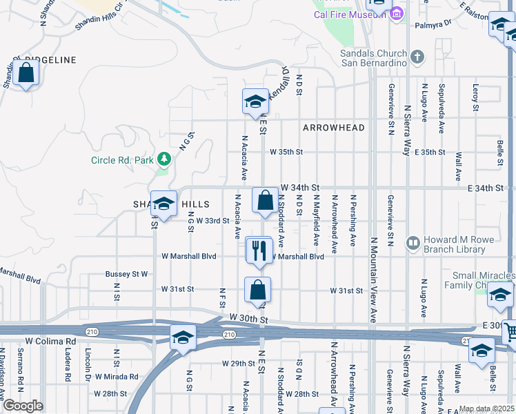 map of restaurants, bars, coffee shops, grocery stores, and more near 3339 North E Street in San Bernardino