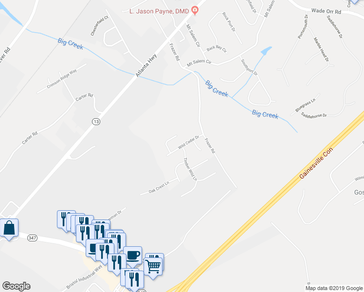 map of restaurants, bars, coffee shops, grocery stores, and more near Wild Cedar Drive in Buford
