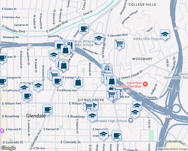 map of restaurants, bars, coffee shops, grocery stores, and more near 1217 East Lexington Drive in Glendale