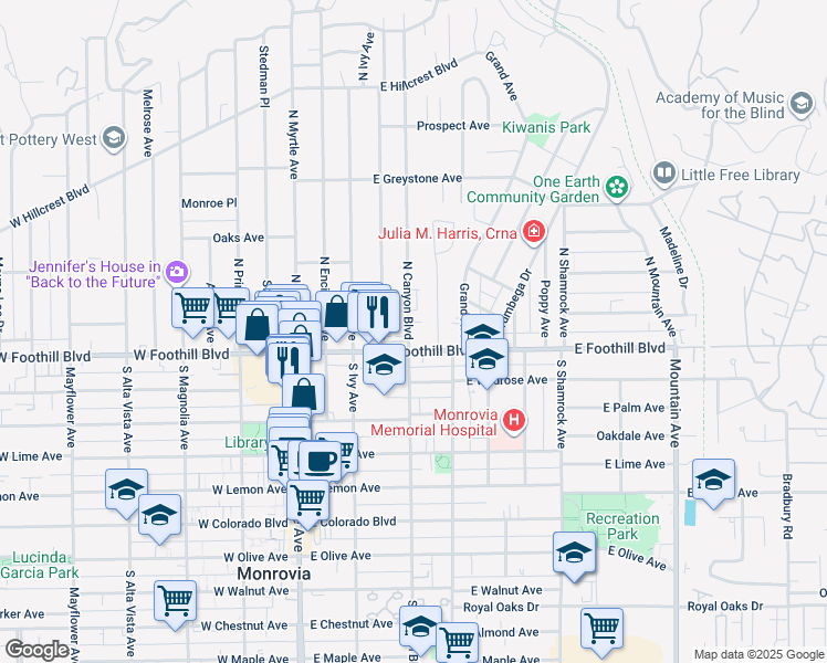 map of restaurants, bars, coffee shops, grocery stores, and more near 116 North Canyon Boulevard in Monrovia