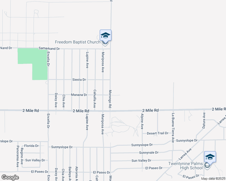 map of restaurants, bars, coffee shops, grocery stores, and more near 5575 Morongo Road in Twentynine Palms